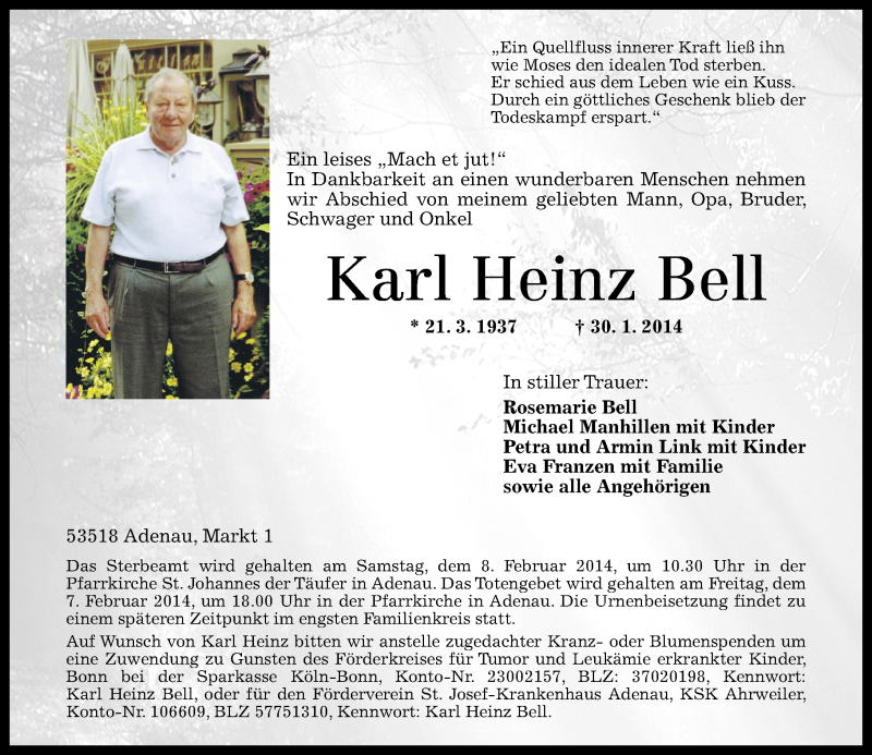  Traueranzeige für Karl Heinz Bell vom 04.02.2014 aus Rhein-Zeitung
