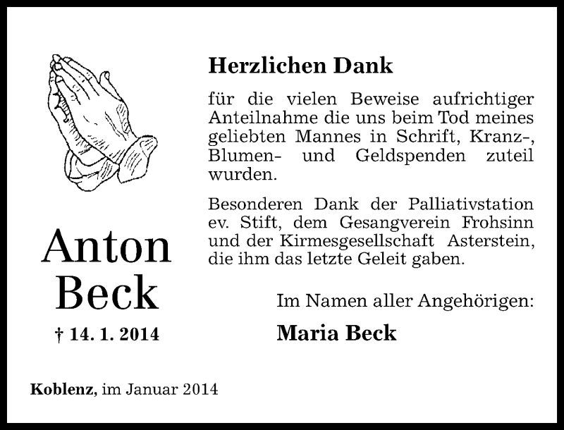  Traueranzeige für Anton Beck vom 08.02.2014 aus Rhein-Zeitung