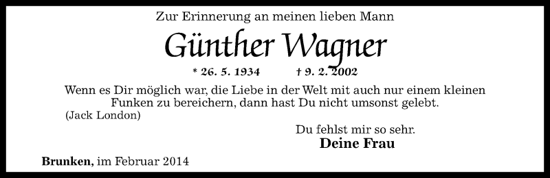  Traueranzeige für Günther Wagner vom 08.02.2014 aus Rhein-Zeitung
