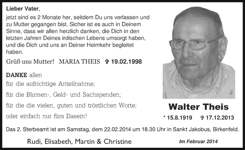  Traueranzeige für Walter Theis vom 19.02.2014 aus Nahe-Zeitung