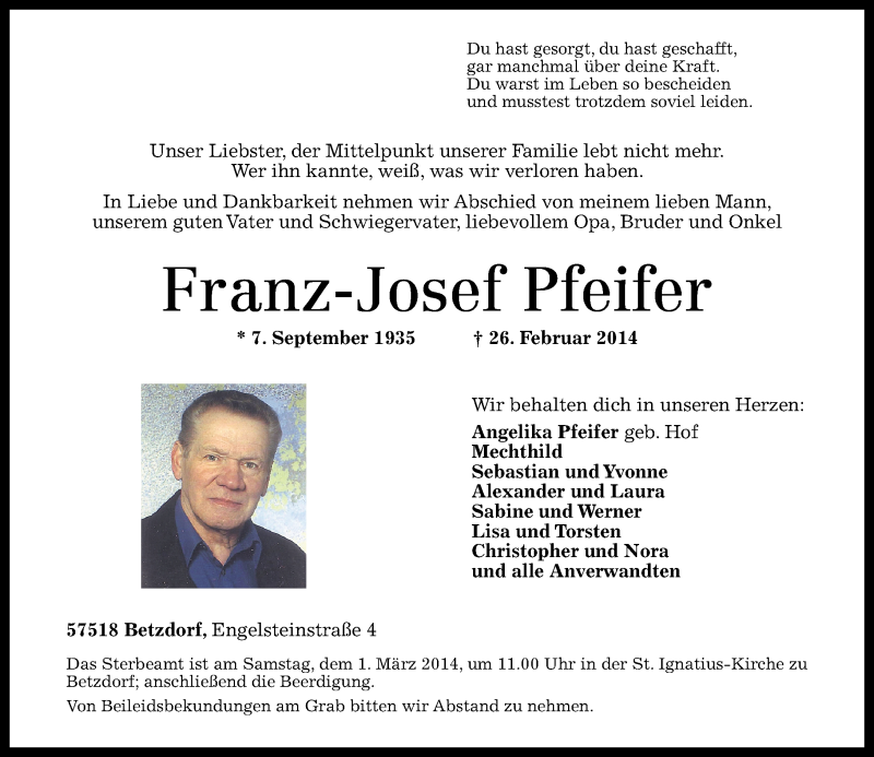 Traueranzeigen von FranzJosef Pfeifer rztrauer.de