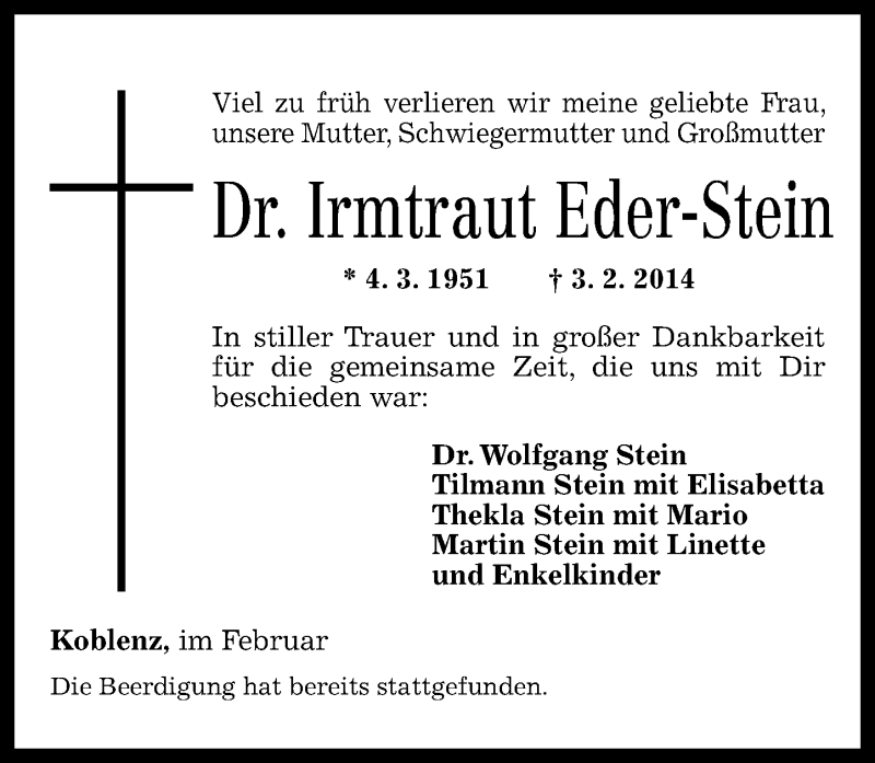  Traueranzeige für Irmtraut Eder-Stein vom 10.02.2014 aus Rhein-Zeitung