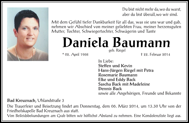  Traueranzeige für Daniela Baumann vom 01.03.2014 aus Oeffentlicher Anzeiger