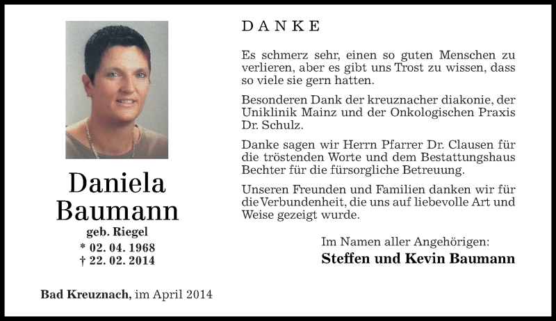  Traueranzeige für Daniela Baumann vom 05.04.2014 aus Oeffentlicher Anzeiger