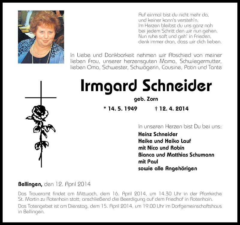  Traueranzeige für Irmgard Schneider vom 14.04.2014 aus Westerwälder Zeitung