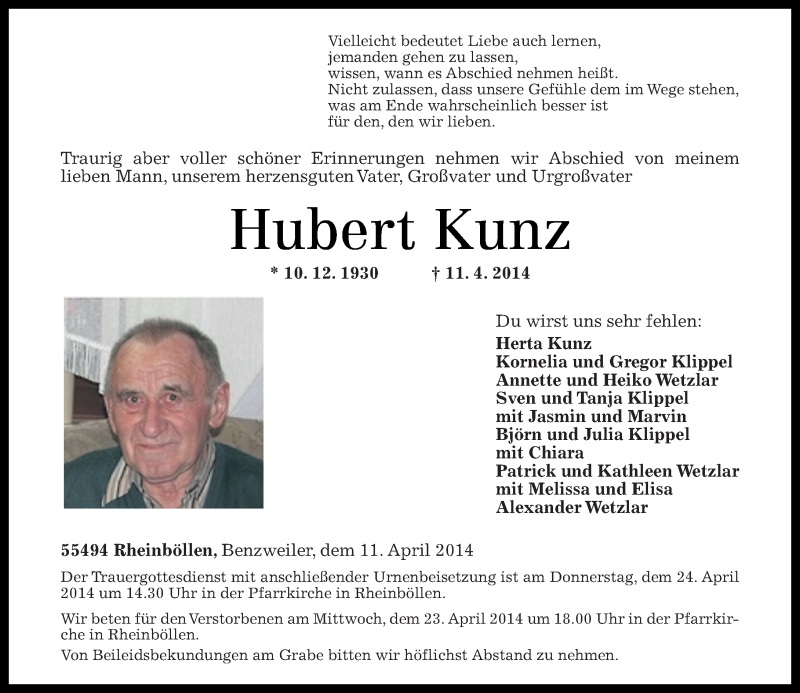 Traueranzeigen von Hubert Kunz | rz-trauer.de