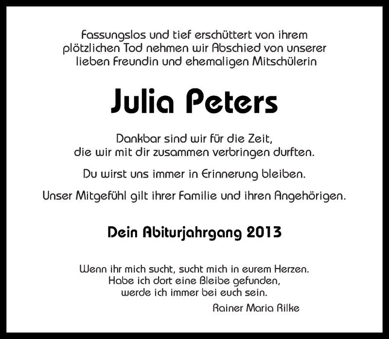  Traueranzeige für Julia Peters vom 19.04.2014 aus Westerwälder Zeitung