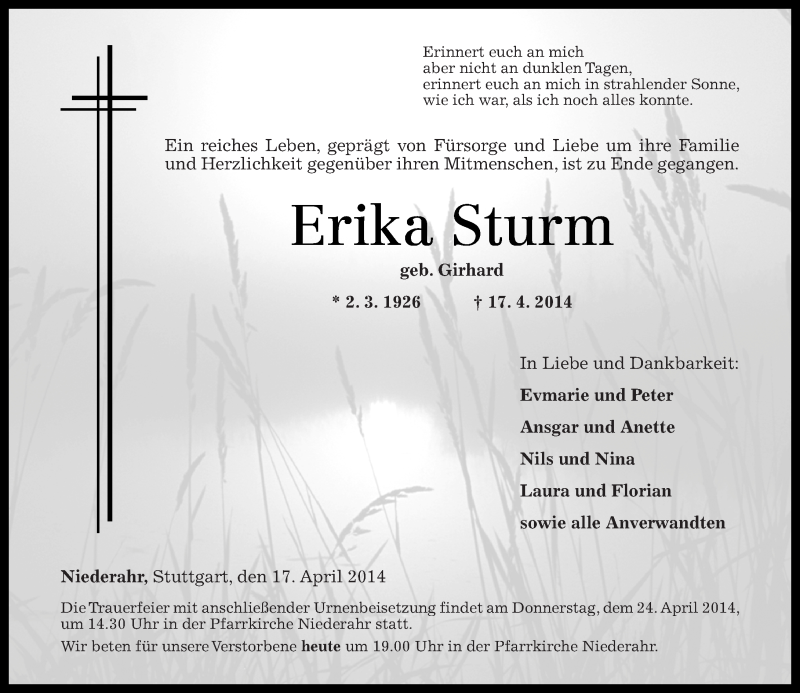 Traueranzeigen Von Erika Sturm Rz Trauer De