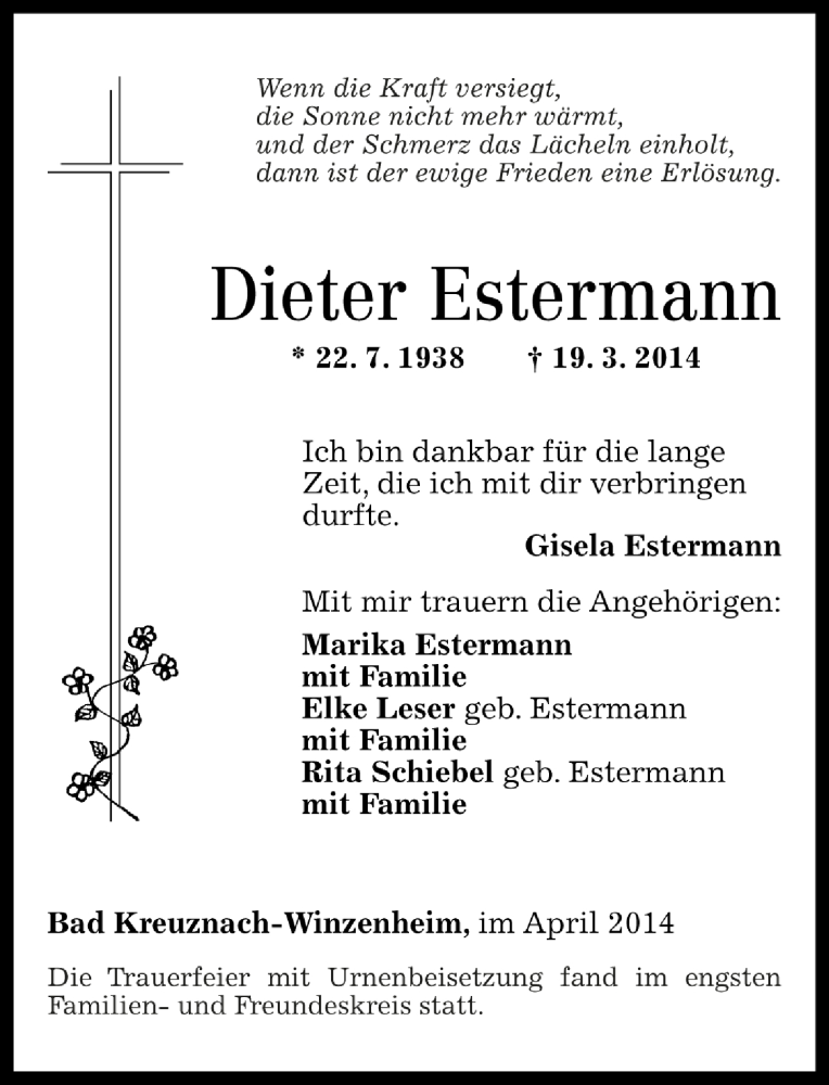  Traueranzeige für Dieter Estermann vom 16.04.2014 aus RZ Trauer