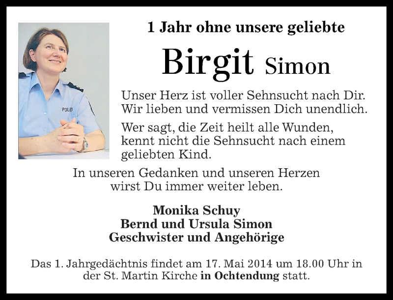  Traueranzeige für Birgit Simon vom 10.05.2014 aus Rhein-Zeitung