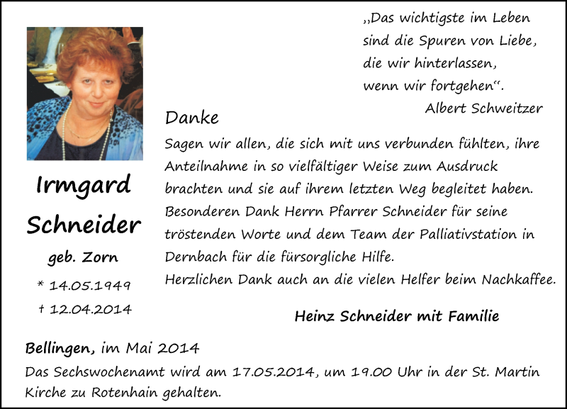  Traueranzeige für Irmgard Schneider vom 13.05.2014 aus Westerwälder Zeitung