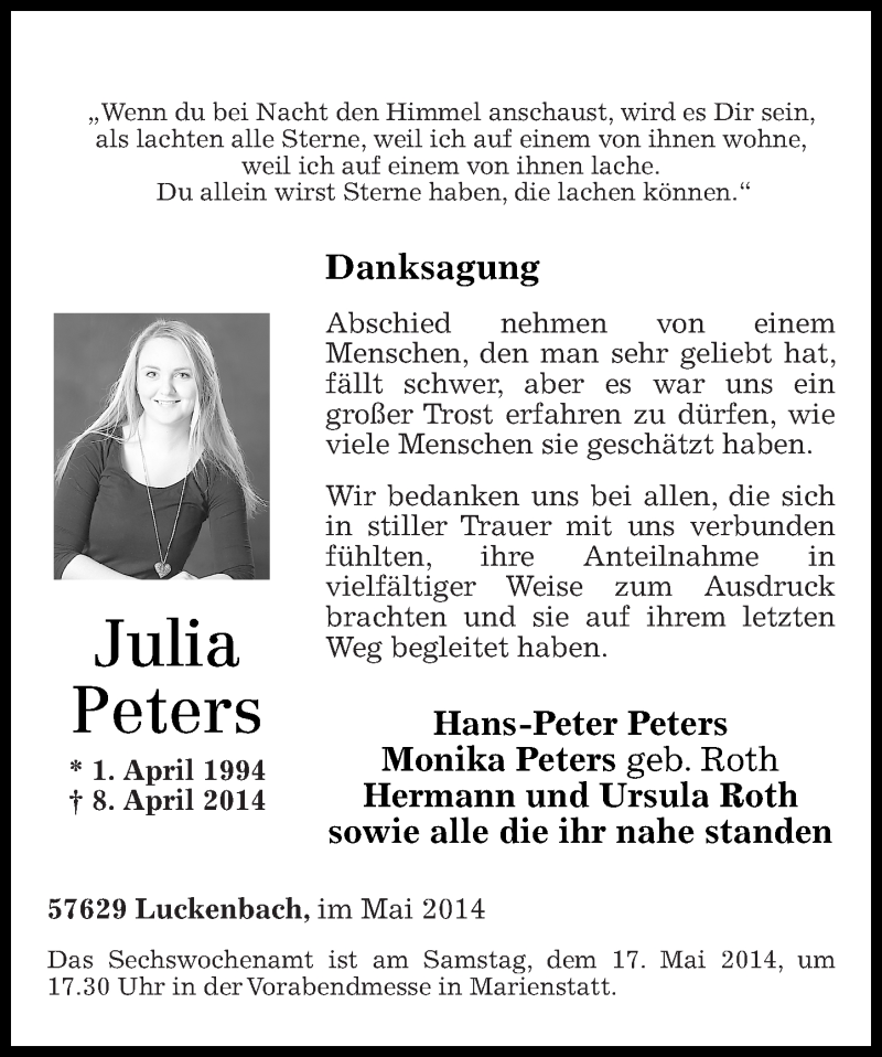  Traueranzeige für Julia Peters vom 14.05.2014 aus Rhein-Zeitung