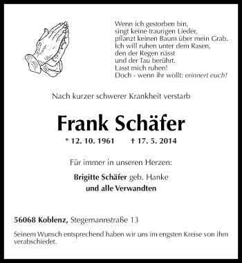 Traueranzeigen von Frank Schäfer | rz-trauer.de