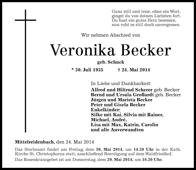 Traueranzeigen von Veronika Becker | rz-trauer.de