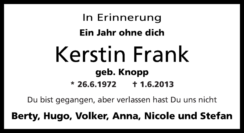 Traueranzeige für Kerstin Frank vom 31.05.2014 aus Rhein-Zeitung