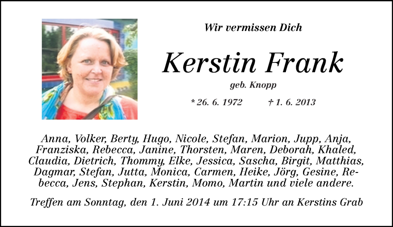  Traueranzeige für Kerstin Frank vom 31.05.2014 aus Rhein-Zeitung