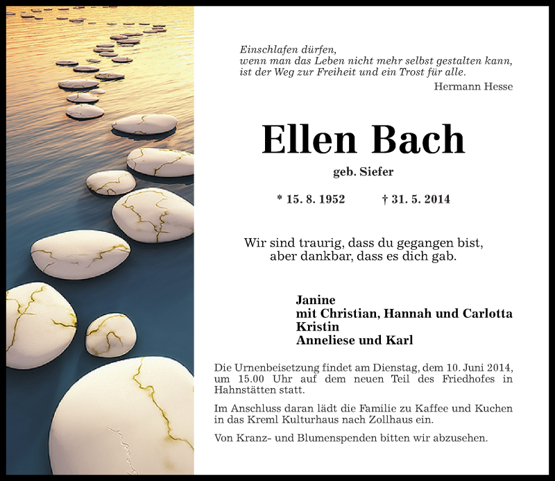  Traueranzeige für Ellen Bach vom 06.06.2014 aus Rhein-Lahn-Zeitung