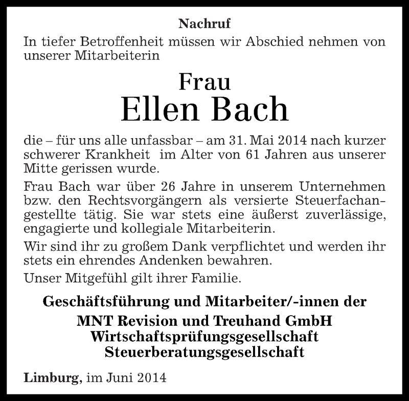  Traueranzeige für Ellen Bach vom 07.06.2014 aus Rhein-Lahn-Zeitung