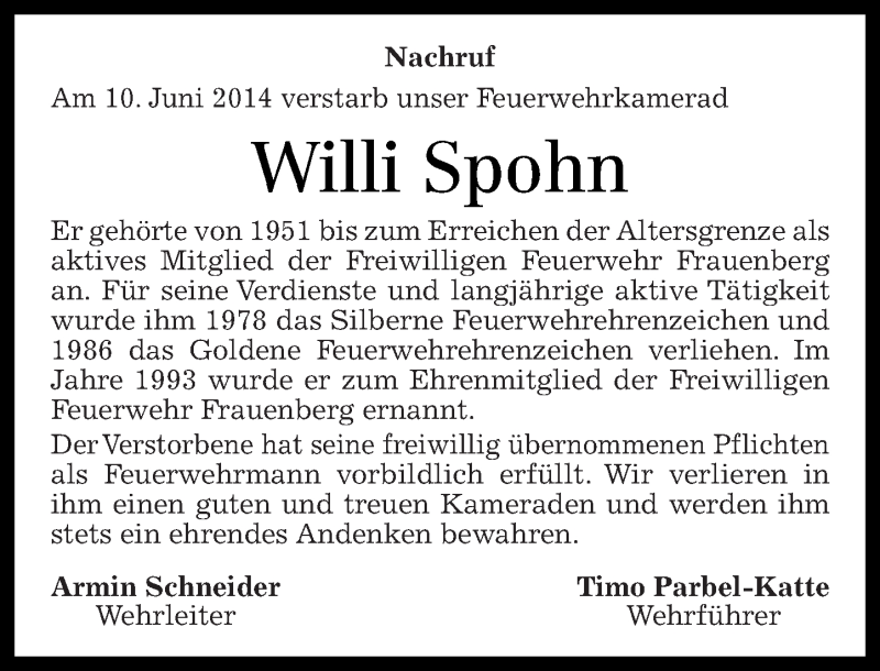  Traueranzeige für Willi Spohn vom 14.06.2014 aus Nahe-Zeitung