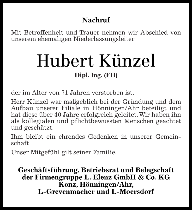 Traueranzeigen von Hubert Künzel | rz-trauer.de