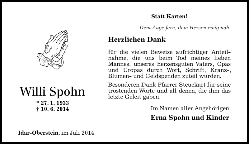  Traueranzeige für Willi Spohn vom 03.07.2014 aus Nahe-Zeitung