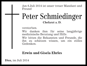 Traueranzeige von Peter Schmiedinger von Rhein-Lahn-Zeitung