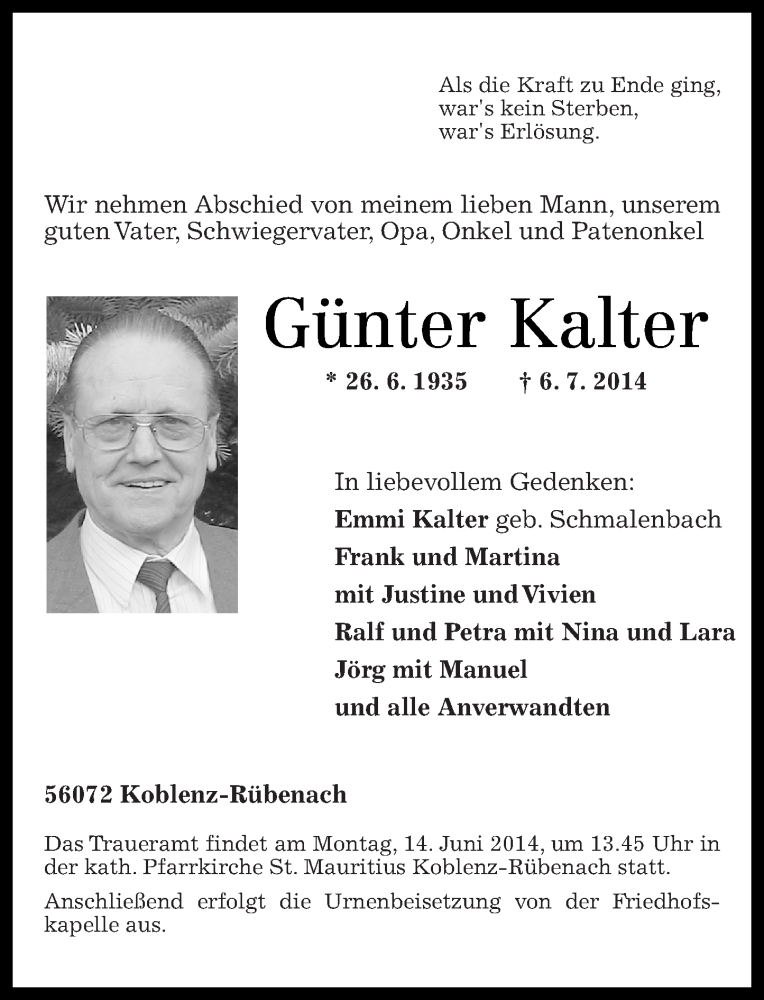 Traueranzeigen von Günter Kalter | rz-trauer.de