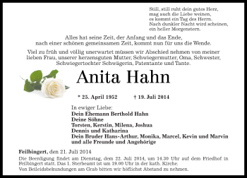 Traueranzeige von Anita Hahn von Oeffentlicher Anzeiger