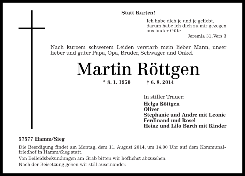  Traueranzeige für Martin Röttgen vom 09.08.2014 aus Rhein-Zeitung