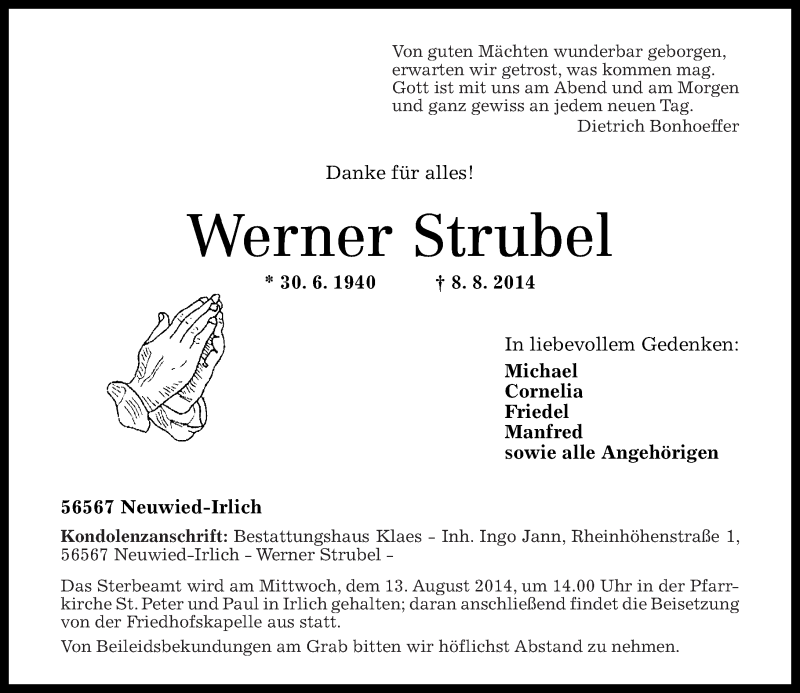  Traueranzeige für Werner Strubel vom 11.08.2014 aus Rhein-Zeitung