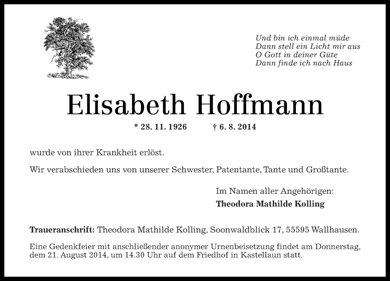  Traueranzeige für Elisabeth Hoffmann vom 16.08.2014 aus Rhein-Hunsrück-Zeitung