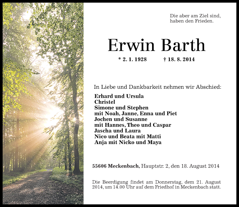 Traueranzeigen von Erwin Barth rztrauer.de