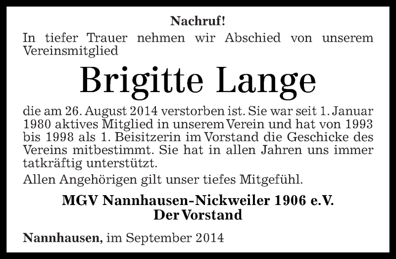  Traueranzeige für Brigitte Lange vom 04.09.2014 aus Rhein-Hunsrück-Zeitung