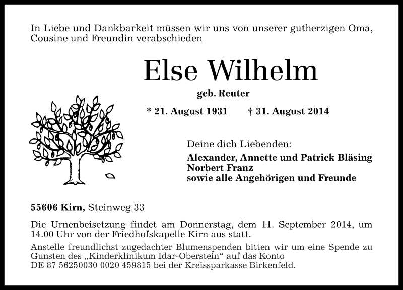 Traueranzeigen von Else Wilhelm rztrauer.de