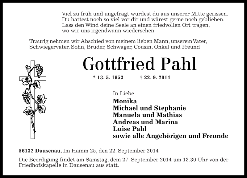  Traueranzeige für Gottfried Pahl vom 24.09.2014 aus Rhein-Lahn-Zeitung
