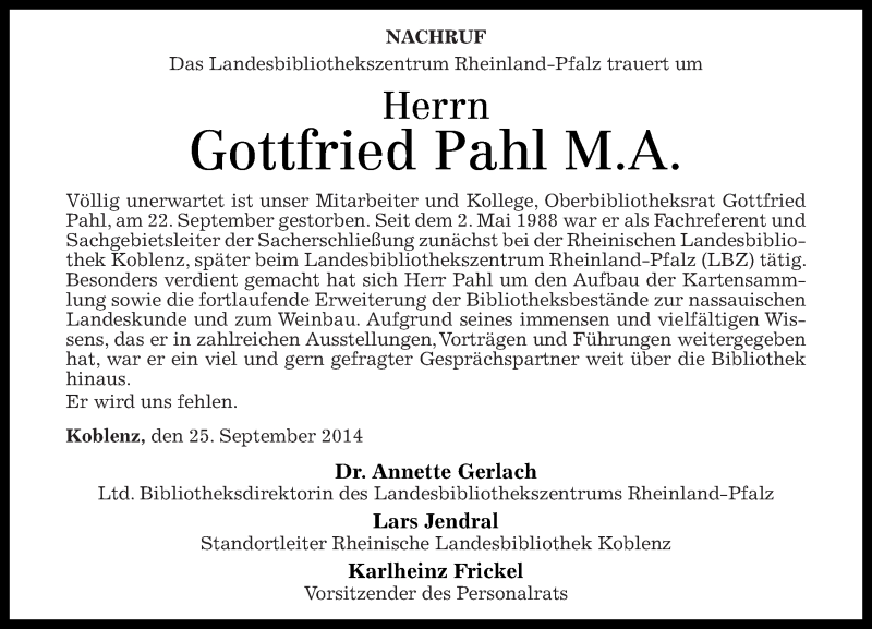  Traueranzeige für Gottfried Pahl vom 26.09.2014 aus Rhein-Zeitung