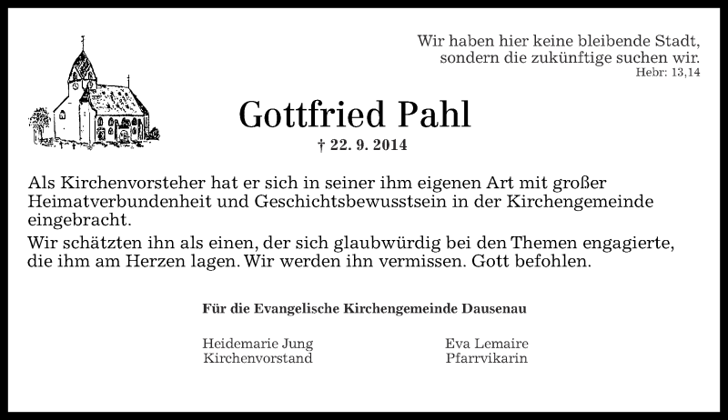  Traueranzeige für Gottfried Pahl vom 26.09.2014 aus Rhein-Lahn-Zeitung