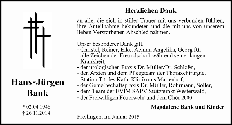  Traueranzeige für Hans-Jürgen Bank vom 03.01.2015 aus Westerwälder Zeitung