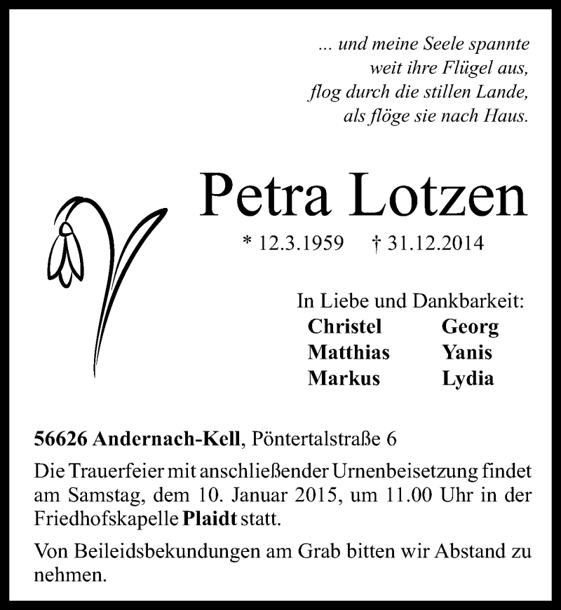  Traueranzeige für Petra Lotzen vom 07.01.2015 aus Rhein-Zeitung