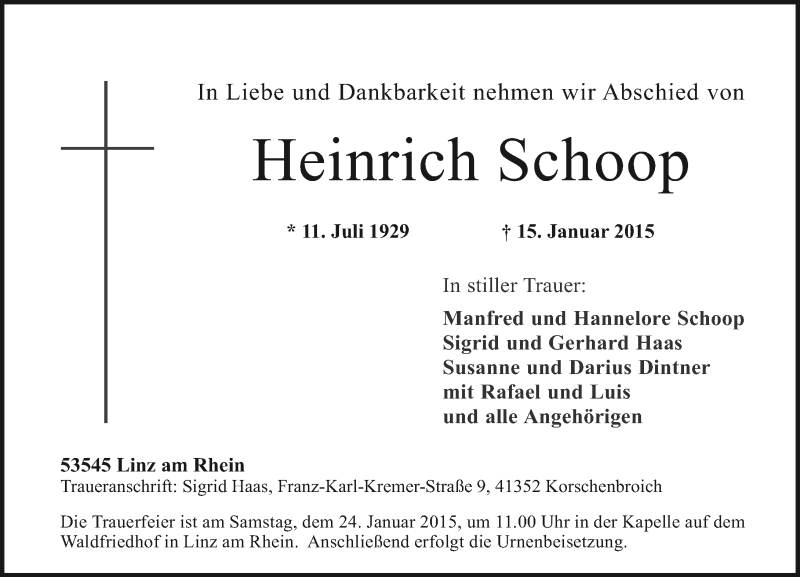  Traueranzeige für Heinrich Schoop vom 19.01.2015 aus Rhein-Zeitung