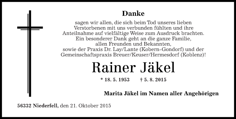  Traueranzeige für Rainer Jäkel vom 24.10.2015 aus Rhein-Zeitung