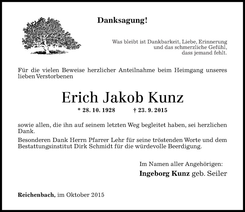 Traueranzeige für Erich Jakob Kunz vom 31.10.2015 aus Nahe-Zeitung