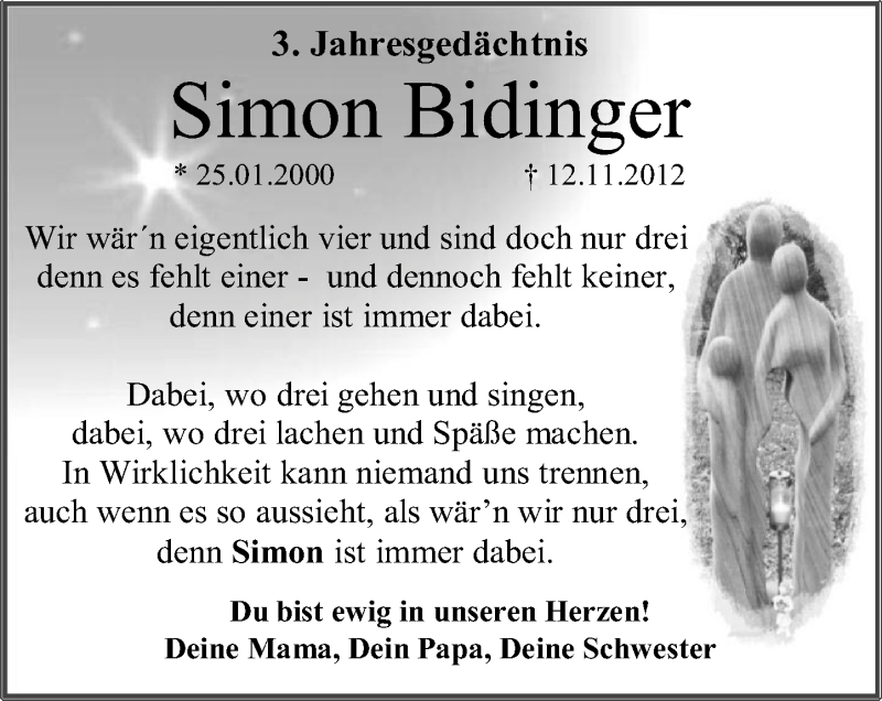  Traueranzeige für Simon Bidinger vom 12.11.2015 aus Nahe-Zeitung