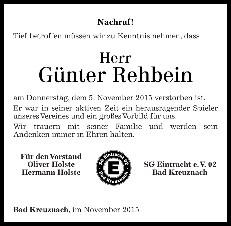  Traueranzeige für Günter Rehbein vom 14.11.2015 aus Oeffentlicher Anzeiger