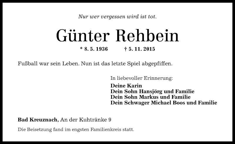  Traueranzeige für Günter Rehbein vom 14.11.2015 aus Oeffentlicher Anzeiger