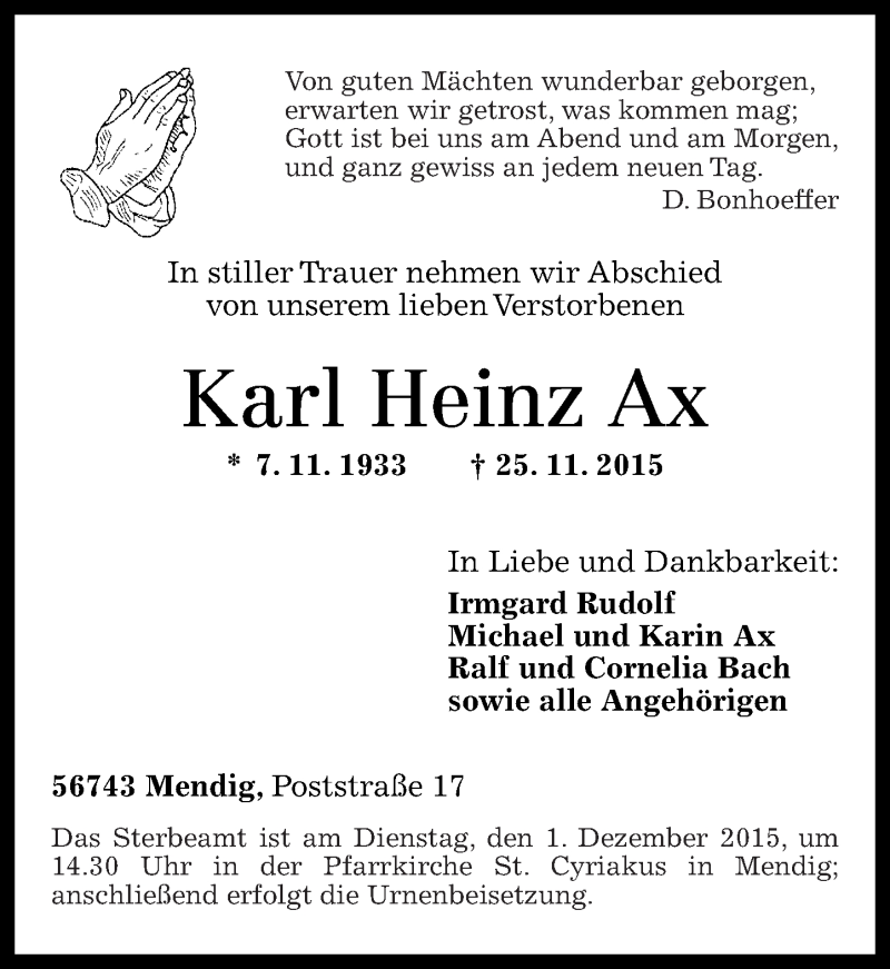  Traueranzeige für Karl Heinz Ax vom 28.11.2015 aus Rhein-Zeitung