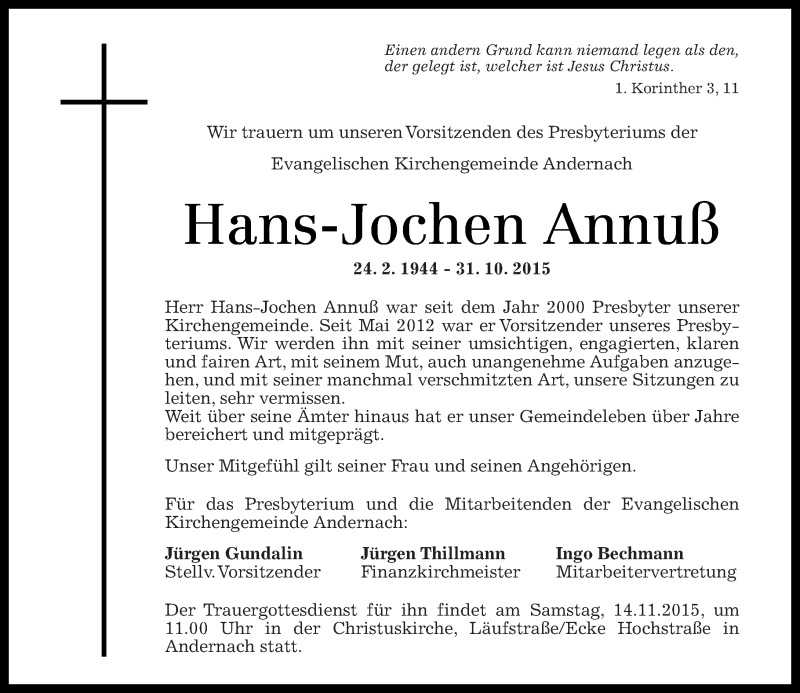  Traueranzeige für Hans-Jochen Annuß vom 07.11.2015 aus Rhein-Zeitung
