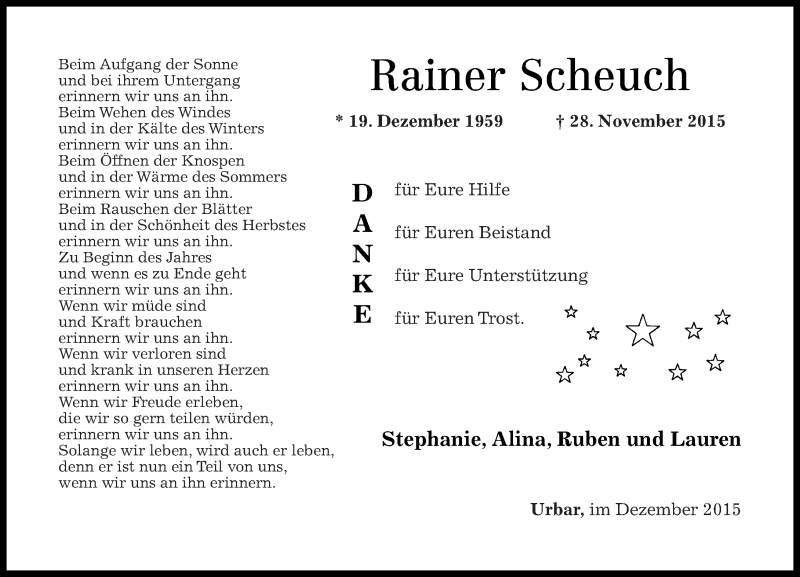  Traueranzeige für Rainer Scheuch vom 29.12.2015 aus Rhein-Zeitung