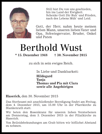 Traueranzeige von Berthold Wust von Rhein-Zeitung