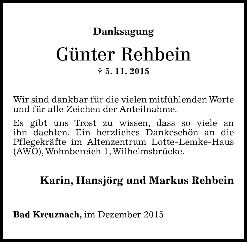  Traueranzeige für Günter Rehbein vom 05.12.2015 aus Oeffentlicher Anzeiger